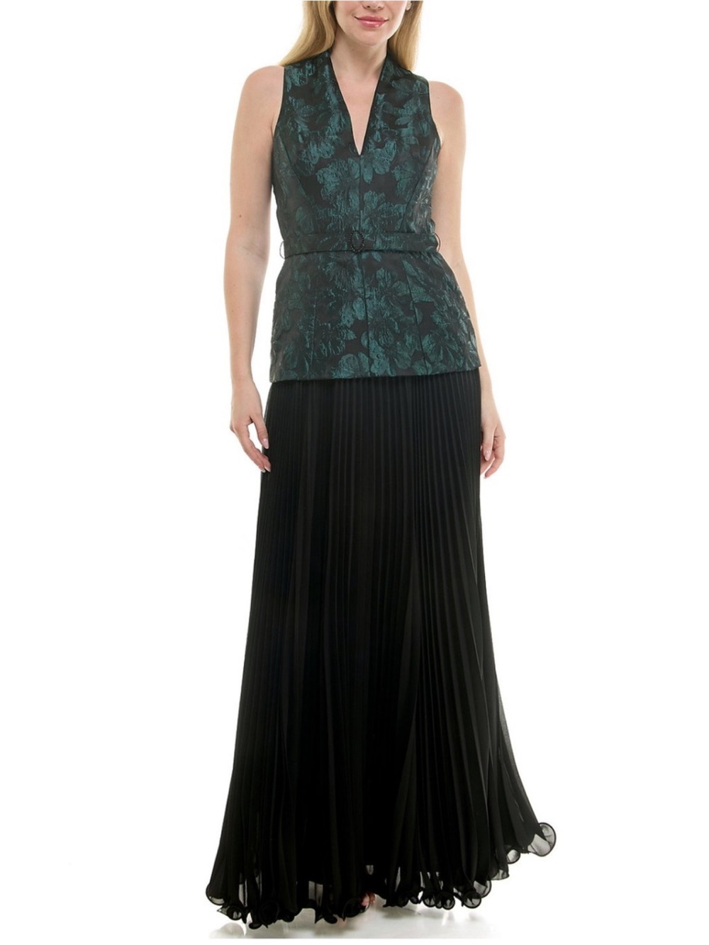 Taylor Black Pleated Maxi Skirt with Dark Green Brocade Top